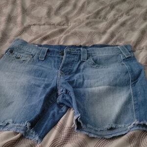True Religion Blue Jean Shorts Distressed Cut-Off
